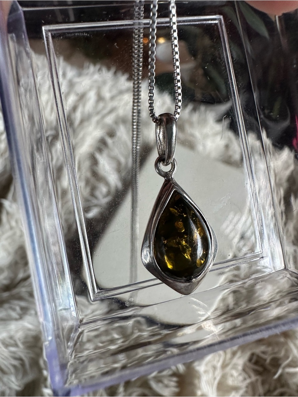 Vintage BIRKS Sterling Silver Teardrop Amber Pendant Necklace - Green Amber